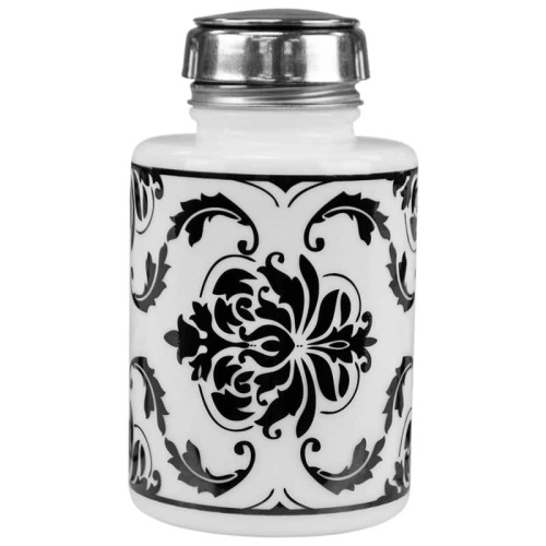 ONE-TOUCH, ROUND, 6 OZ, WHITE GLASS, BLACK DAMASK
